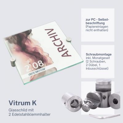 Türschild VITRUM K , Glasschild, Büroschild, Doppelglasschild